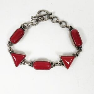 Vintage Sterling Silver 925 Red Coral  Links Toggle bracelet